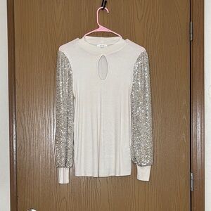 Maurices Cream Blouse with Silver Sequin Sleeves